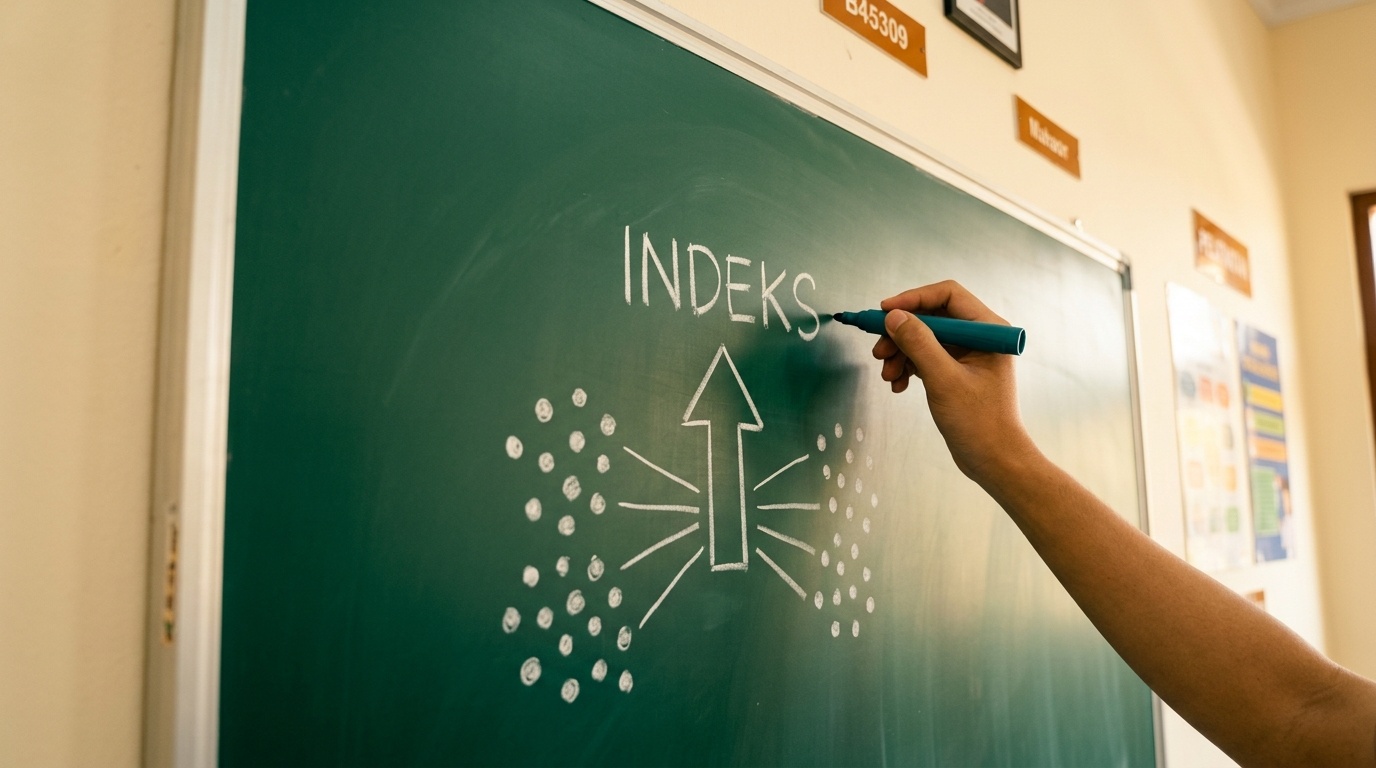 Papan tulis menerangkan komposisi Indeks Harga Saham Gabungan di kelas belajar saham.