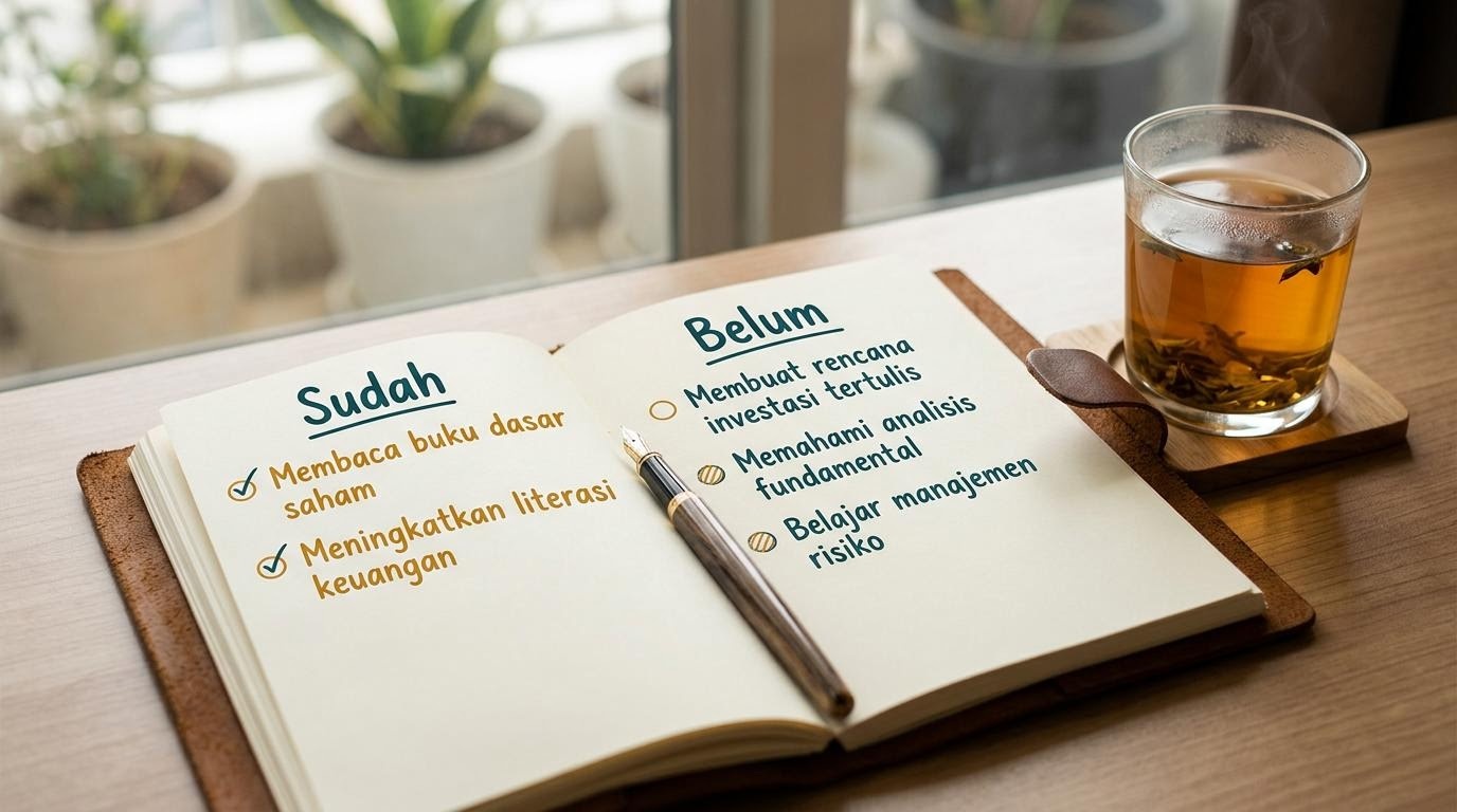Catatan reflektif tentang kesalahan investor baru dan emosi dalam belajar saham.