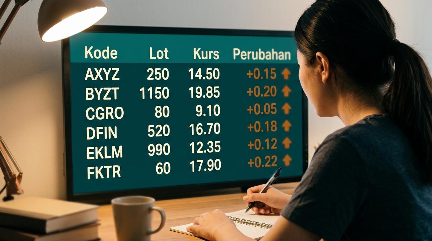 Layar papan bursa dengan kode emiten dan kurs untuk belajar membaca harga saham.