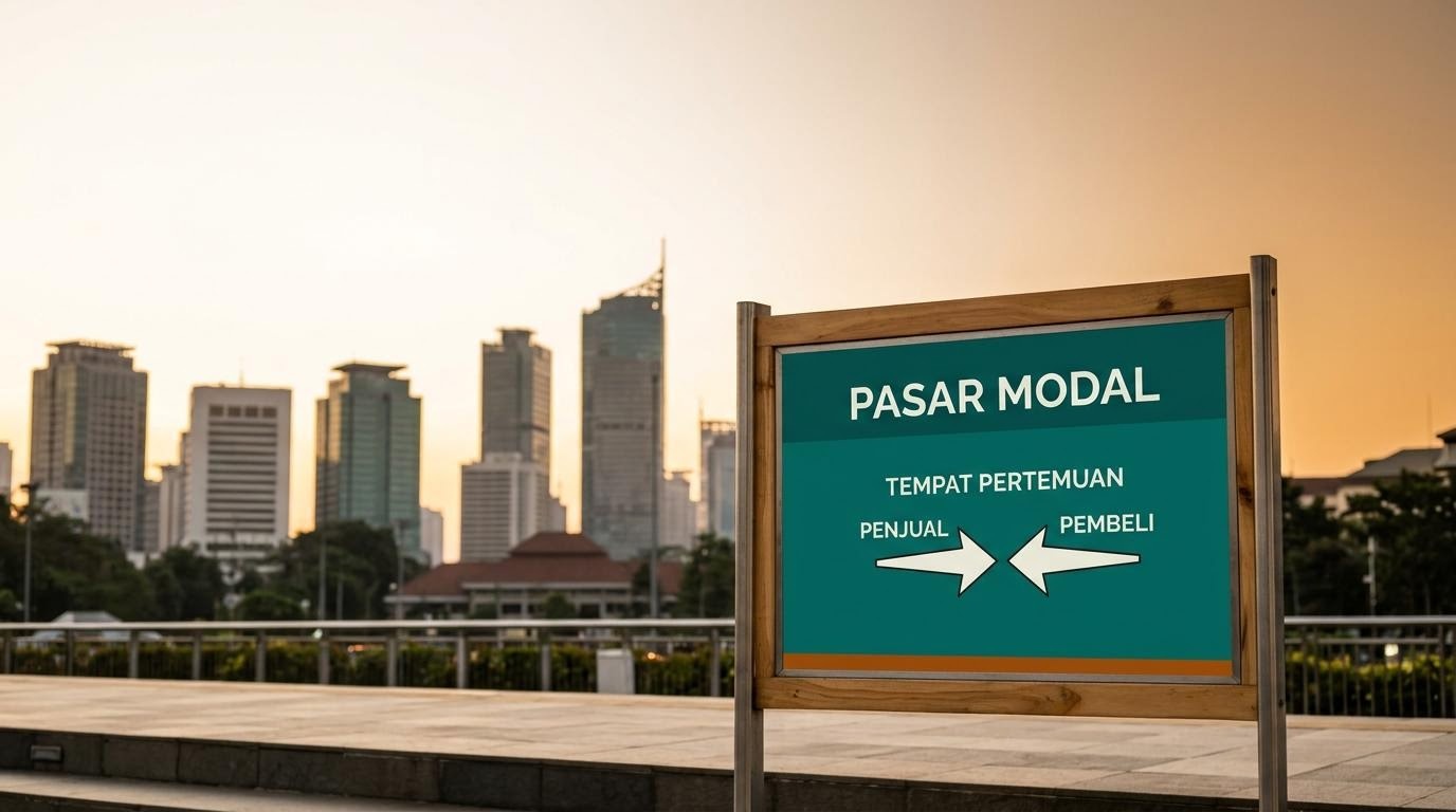 Gedung bursa dengan papan perdagangan menerangkan mekanisme Bursa Efek Indonesia.