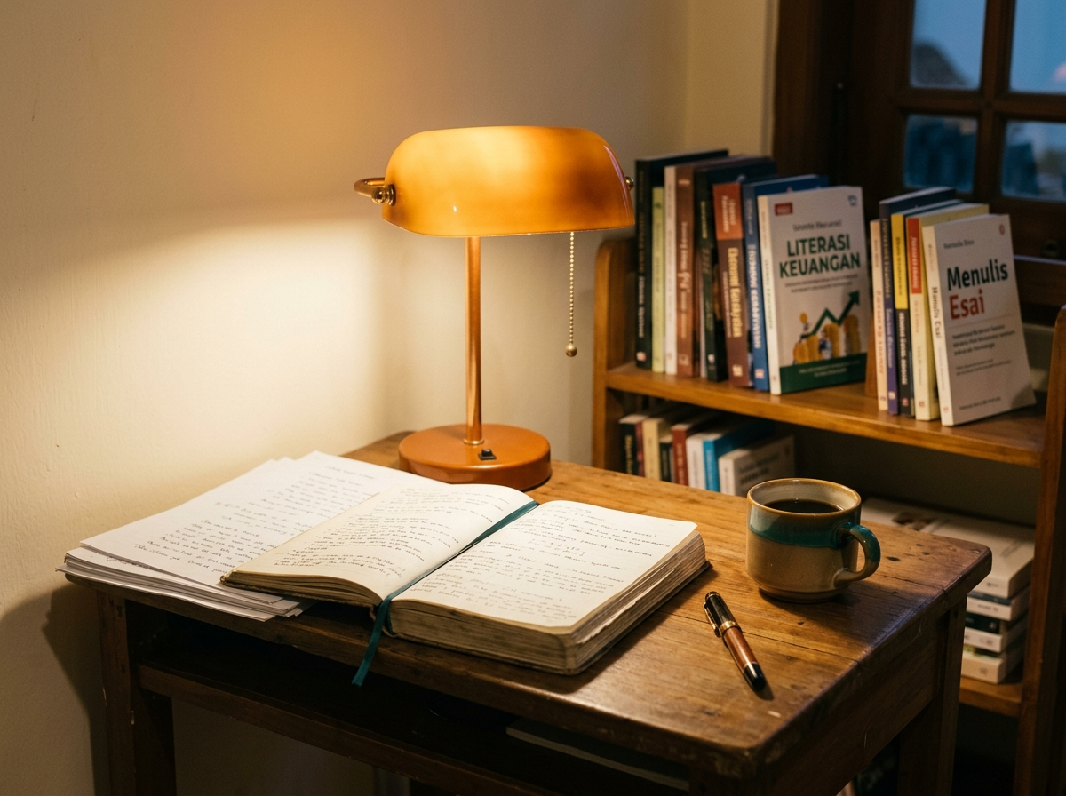 Meja kerja redaksi dengan buku catatan, lampu belajar, dan cangkir kopi di Surabaya.