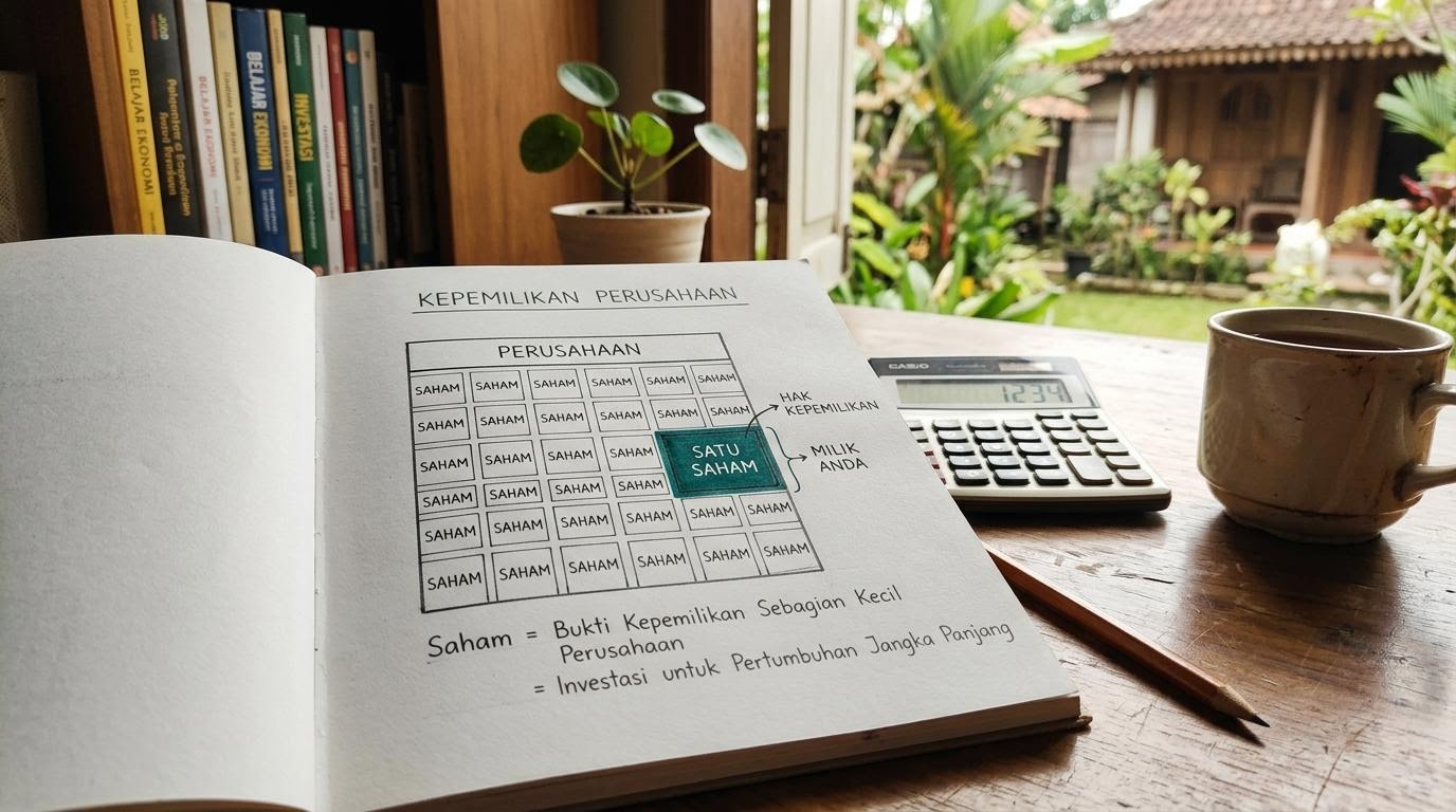 Buku catatan dan kalkulator di meja belajar untuk memahami saham dasar.